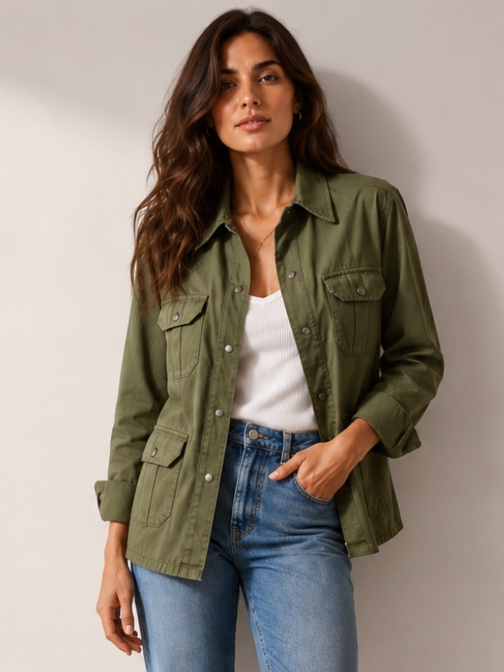 Jucca Olive Green Utility Jacket Snap Front Made in Italy — Size 44 (M)